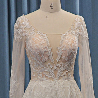 Sheer Bodice and Long Sleeve Floral Lace A-line Wedding Dress Backless - Rosymae