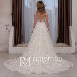 Sheer Bodice and Long Sleeve Floral Lace A-line Wedding Dress Backless - Rosymae