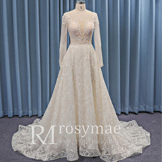 Sheer Bodice and Long Sleeve Floral Lace A-line Wedding Dress Backless - Rosymae