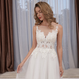 Sheer Bodice and Neckline A-line Tulle and Lace Wedding Dress - Rosymae
