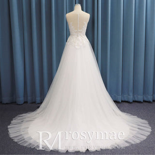 Sheer Bodice and Neckline A-line Tulle and Lace Wedding Dress - Rosymae