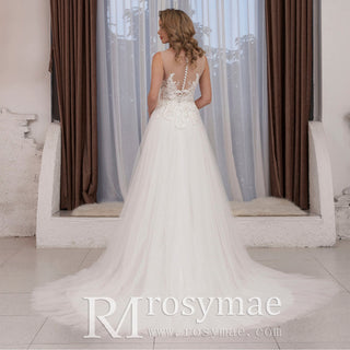 Sheer Bodice and Neckline A-line Tulle and Lace Wedding Dress - Rosymae