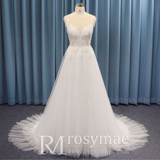 Sheer Bodice and Neckline A-line Tulle and Lace Wedding Dress - Rosymae