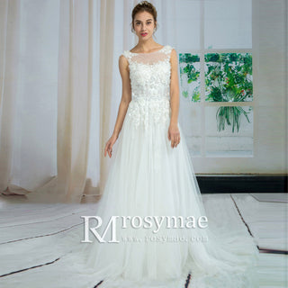 Cap Sleeve Sheer Neckline Bodice Wedding Dress with Tulle Lace