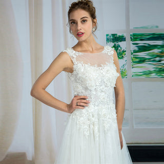 Cap Sleeve Sheer Neckline Bodice Wedding Dress with Tulle Lace