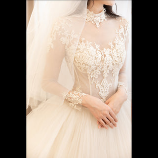 Sheer Bodice Puffy Skirt Tulle Wedding Dress with Long Sleeve