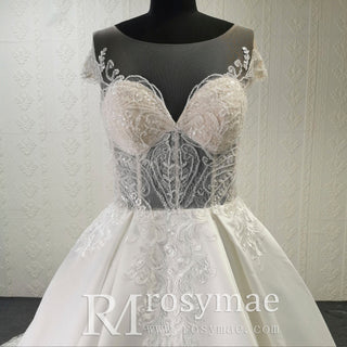 Sheer Bodice Capped Sleeve Satin Wedding Dresses with Lace - Rosymae