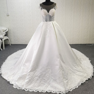 Sheer Bodice Capped Sleeve Satin Wedding Dresses with Lace - Rosymae
