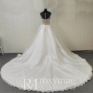 Sheer Bodice Capped Sleeve Satin Wedding Dresses with Lace - Rosymae
