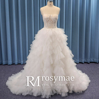 Sheer Bodice Curve Ballgown Ruched Tulle Wedding Dress - Rosymae