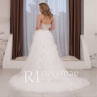 Sheer Bodice Curve Ballgown Ruched Tulle Wedding Dress - Rosymae