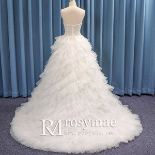 Sheer Bodice Curve Ballgown Ruched Tulle Wedding Dress - Rosymae