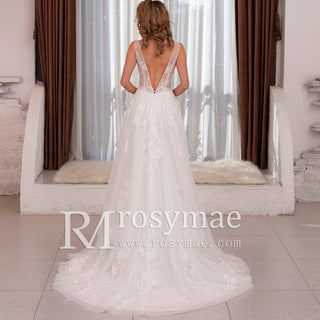 Sheer Bodice Deep Double V Tank Top Bridal Gown Wedding Dress - Rosymae