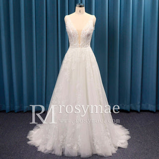 Sheer Bodice Deep Double V Tank Top Bridal Gown Wedding Dress - Rosymae