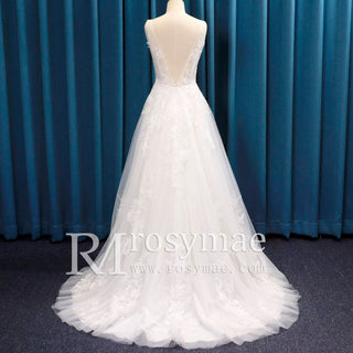 Sheer Bodice Deep Double V Tank Top Bridal Gown Wedding Dress - Rosymae
