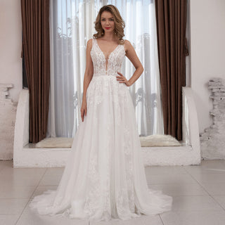 Sheer Bodice Deep Double V Tank Top Bridal Gown Wedding Dress - Rosymae