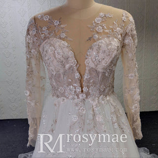 Sheer Bodice Long Sleeve A-Line Wedding Dress with Sparkly Tulle - Rosymae