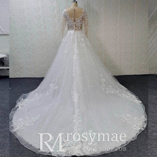 Sheer Bodice Long Sleeve A-Line Wedding Dress with Sparkly Tulle - Rosymae