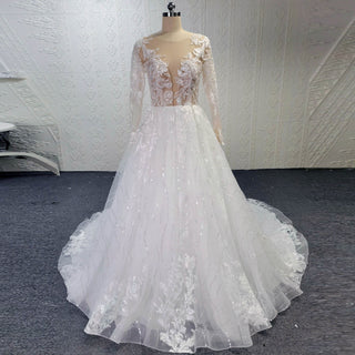 Sheer Bodice Long Sleeve A-Line Wedding Dress with Sparkly Tulle - Rosymae
