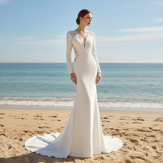 Long Sleeve Sheer High Back Fit Flare Wedding Dress Bridal Gown Rosymae Long Sleeve Sheer High Back Fit Flare Wedding Dress Bridal Gown Rosymae