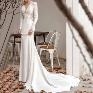 Long Sleeve Sheer High Back Fit Flare Wedding Dress Bridal Gown