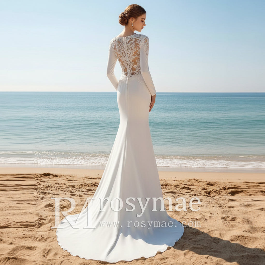 Long Sleeve Sheer High Back Fit Flare Wedding Dress Bridal Gown Rosymae Long Sleeve Sheer High Back Fit Flare Wedding Dress Bridal Gown Rosymae