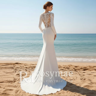 Long Sleeve Sheer High Back Fit Flare Wedding Dress Bridal Gown White / 30W Long Sleeve Sheer High Back Fit Flare Wedding Dress Bridal Gown White / 30W