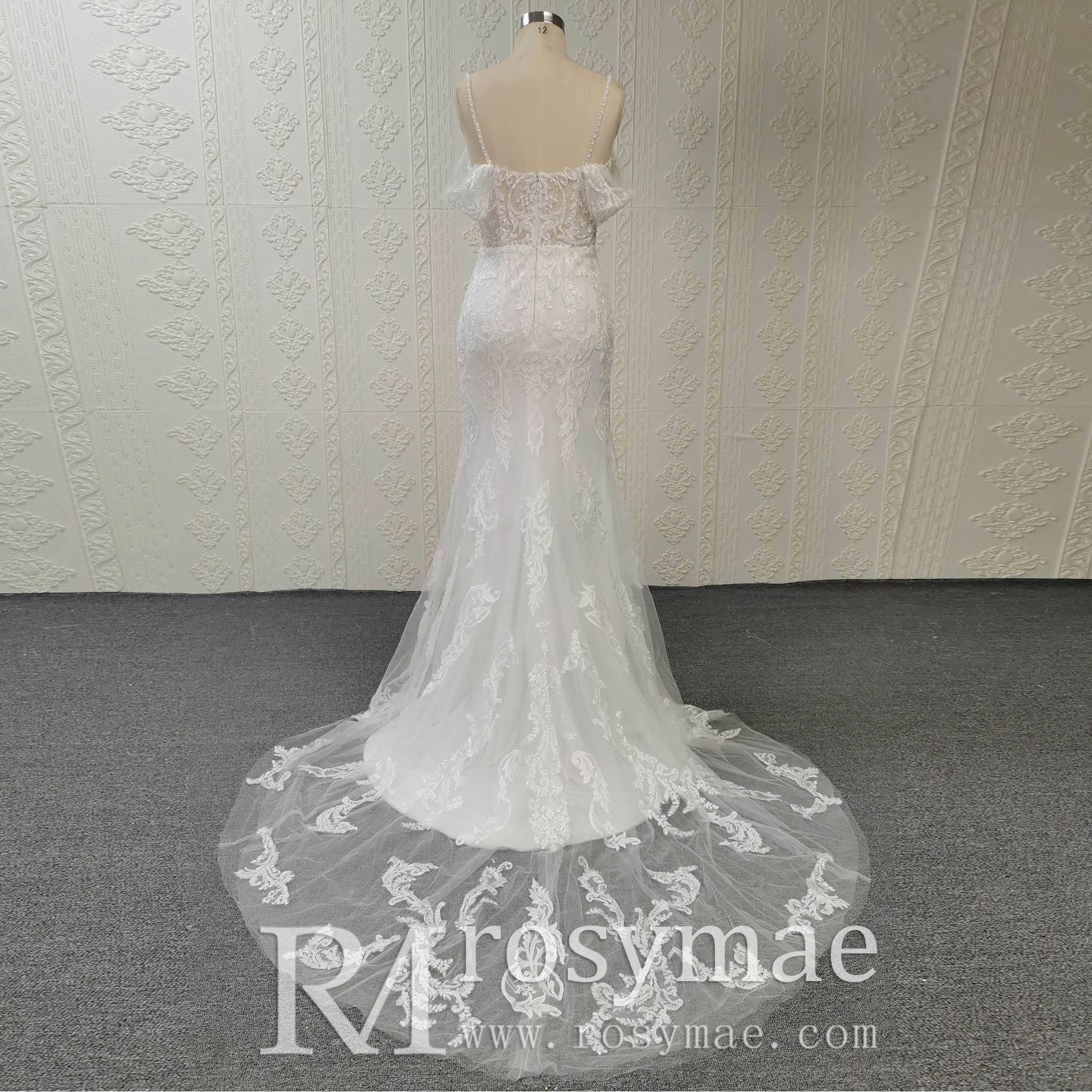 Sheer Bodice Off Shoulder Fit and Flare Mermaid Wedding Dress - Rosymae