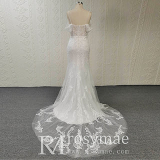 Sheer Bodice Off Shoulder Fit and Flare Mermaid Wedding Dress - Rosymae