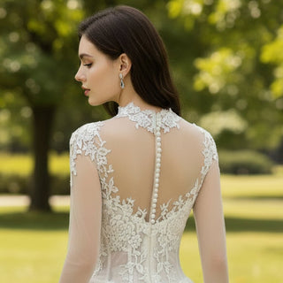 Sheer Bodice Puffy Skirt Tulle Wedding Dress with Long Sleeve - Rosymae