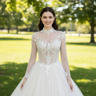 Sheer Bodice Puffy Skirt Tulle Wedding Dress with Long Sleeve - Rosymae
