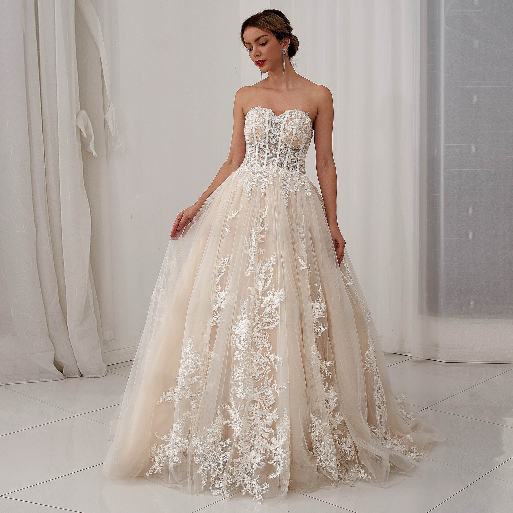 Sheer Bodice Sweetheart Neck Ball Gown Bridal Wedding Dresses - Rosymae
