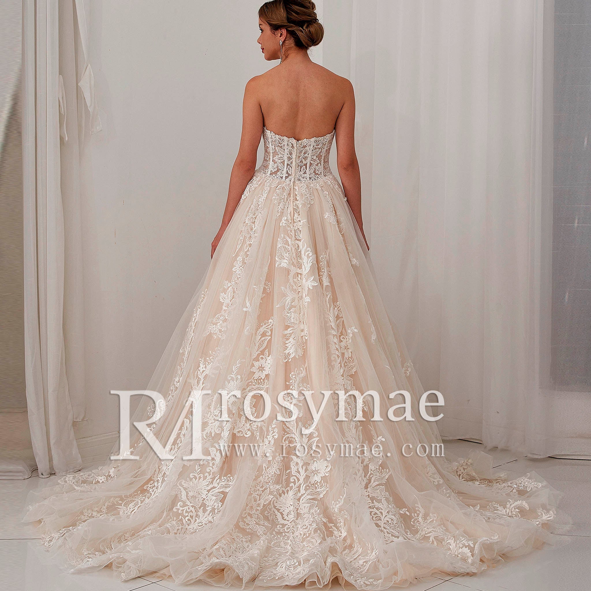 Sheer Bodice Sweetheart Neck Ball Gown Bridal Wedding Dresses - Rosymae