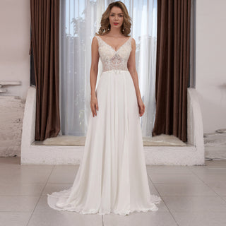 Sexy V-neck Tulle and Lace A-line Wedding Dress with Sheer Bodice