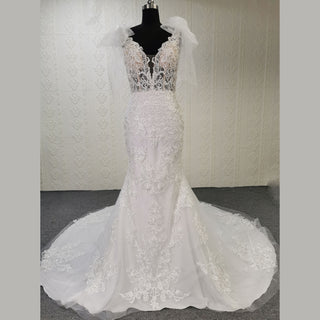 Lace Fit Flare Sheer Bodice Low Back Wedding Dress with Puffy Sleeve