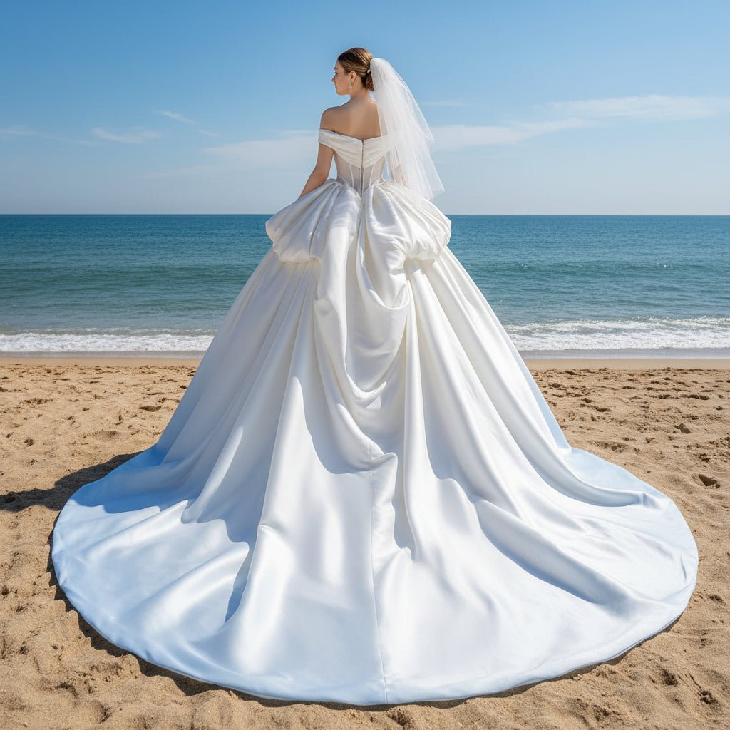 Sheer Bodice White and Baby Blue Wedding Dress with Off Shoulder - Rosymae