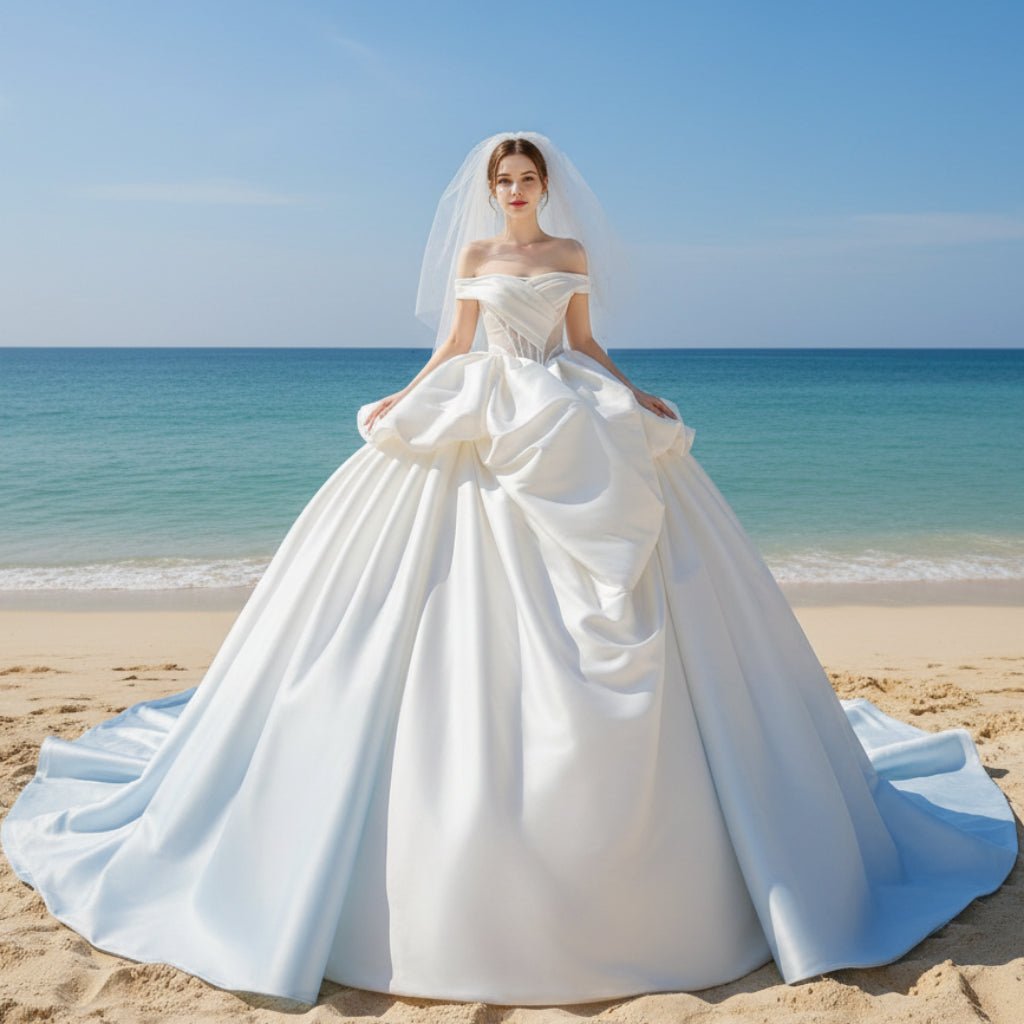 Sheer Bodice White and Baby Blue Wedding Dress with Off Shoulder - Rosymae