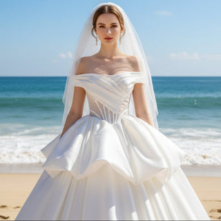 Sheer Bodice White and Baby Blue Wedding Dress with Off Shoulder - Rosymae