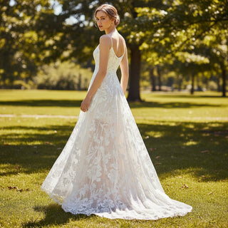 Sheer Floral Lace Wedding Dress with Spaghetti Straps - Rosymae