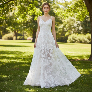 Sheer Floral Lace Wedding Dress with Spaghetti Straps - Rosymae