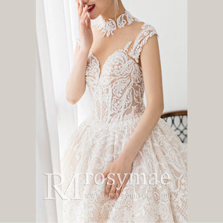 Sheer High Neck A-line Lace Wedding Dress and Bridal Gown