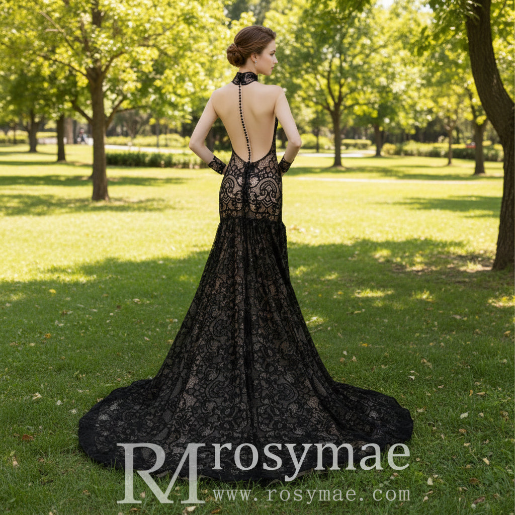 Mermaid Lace Black Wedding Dress with Sheer Long Sleeve Black / 14 Mermaid Lace Black Wedding Dress with Sheer Long Sleeve Black / 14