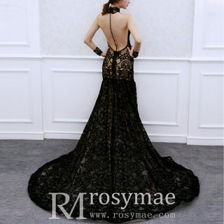 Mermaid Lace Black Wedding Dress with Sheer Long Sleeve