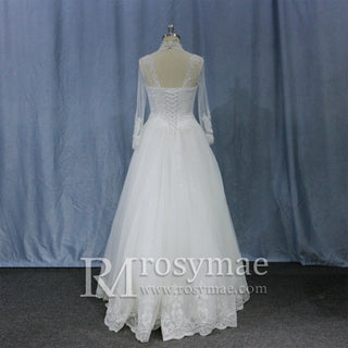 Sheer High Neck Long Sleeves A-line Bridal Wedding Dress - Rosymae