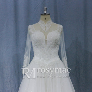 Sheer High Neck Long Sleeves A-line Bridal Wedding Dress - Rosymae