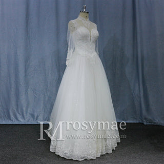 Sheer High Neck Long Sleeves A-line Bridal Wedding Dress - Rosymae