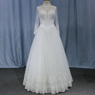 Sheer High Neck Long Sleeves A-line Bridal Wedding Dress - Rosymae