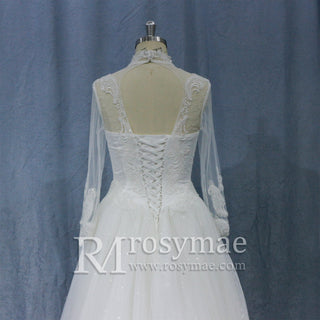 Sheer High Neck Long Sleeves A-line Bridal Wedding Dress - Rosymae