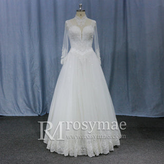 Sheer High Neck Long Sleeves A-line Bridal Wedding Dress - Rosymae
