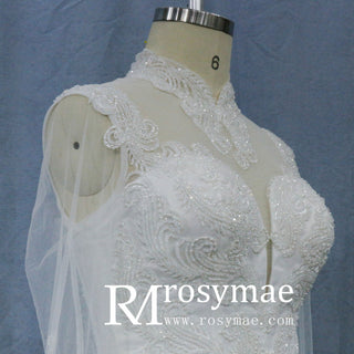 Sheer High Neck Long Sleeves A-line Bridal Wedding Dress - Rosymae